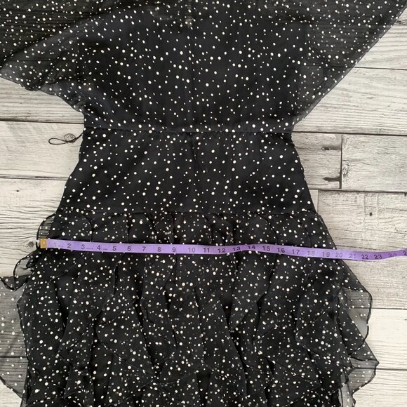 Vintage 80s 90s Sheer Polka Dot Overlay Tiered Ruffle Skirt Dolman Sleeve Dress - Picture 15 of 16